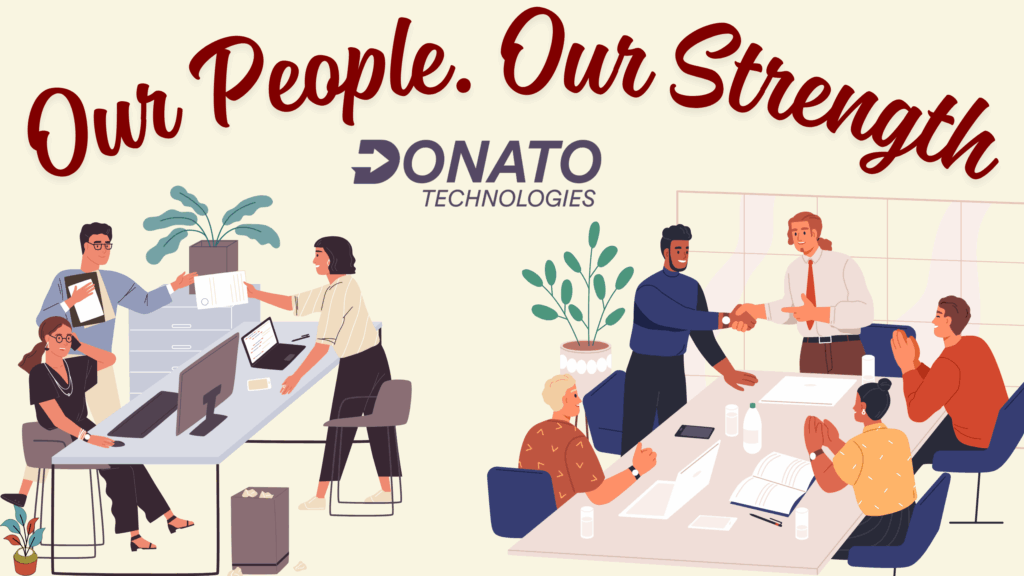 Animated illustration of diverse professionals collaborating in an office, reflecting Donato Technologies’ commitment to people-powered success