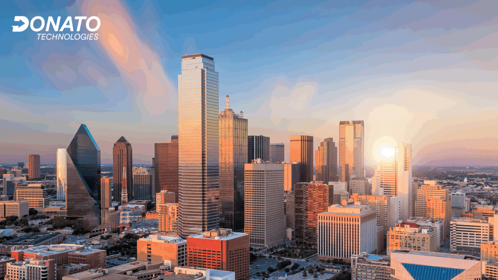 Dallas Texas skyline at sunset showcasing downtown buildings and business district