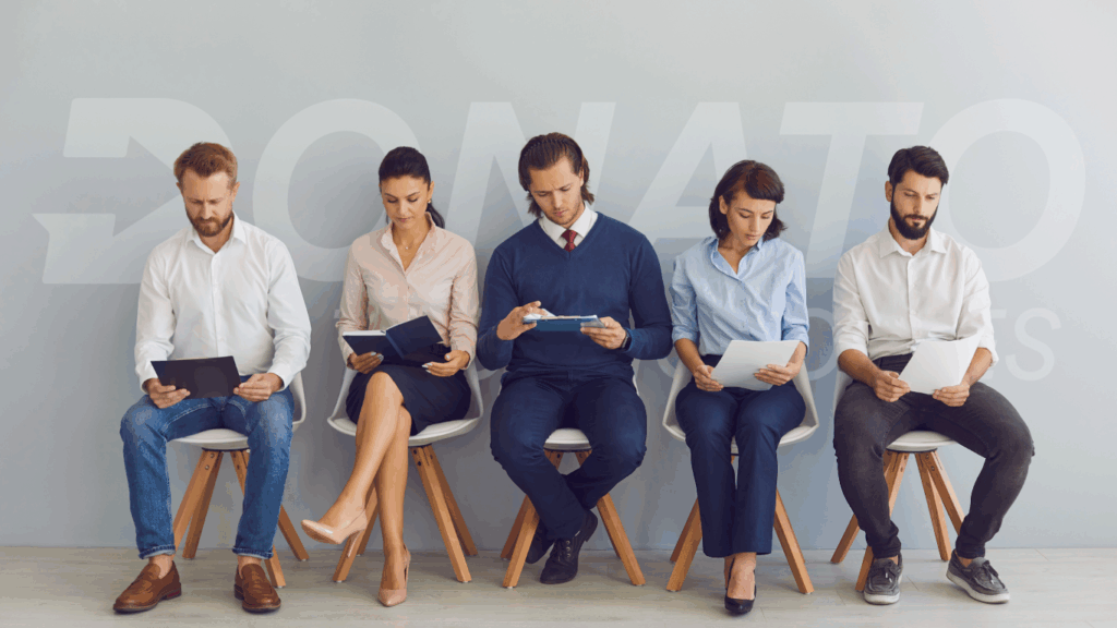 Five professionally dressed candidates sitting in a modern office lobby, waiting for job interviews.